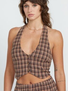 NWT Volcom Plaid Halter Button-Front Crop Top Size Large